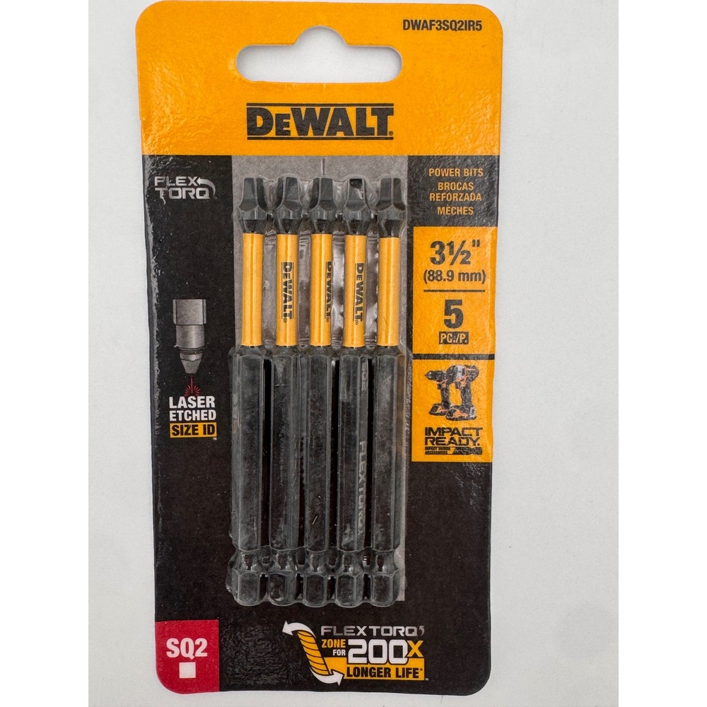 DeWALT Flex Torq 3 1/2 Inch SQ2‎ Square Bit 5-Pack Impact Ready DWAF3SQ2IR5